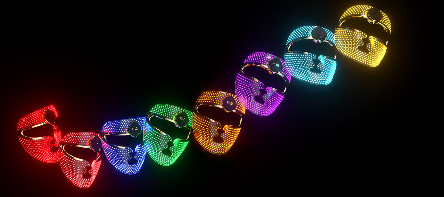 FAQ 202 mask on a black background and showing its seven LED colors + NIR LED